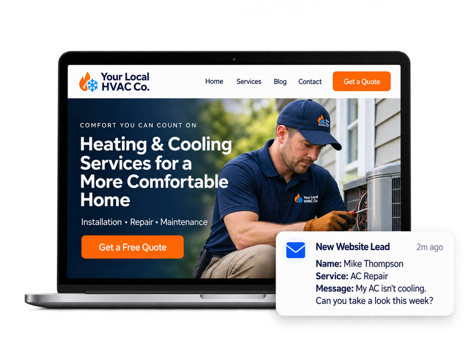 Sample HVAC contractor website on a laptop, with a new website lead notification